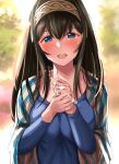  1girl bangs black_hair blue_eyes blue_shirt blush breasts crying hairband highres idolmaster idolmaster_cinderella_girls large_breasts long_hair long_sleeves looking_at_viewer open_mouth sagisawa_fumika sg_(esujii) shawl shirt smile sweater tears 