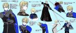  1boy armor bangs black_gloves black_jacket black_robe blonde_hair blue_background blue_cape blue_eyes cape capri_(blaue0514) commentary_request dimitri_alexandre_blaiddyd fire_emblem fire_emblem:_three_houses garreg_mach_monastery_uniform gloves grey_vest hair_between_eyes highres holding holding_spear holding_sword holding_weapon jacket long_sleeves looking_at_viewer multiple_views pauldrons polearm rapier robe shirt short_hair shoulder_armor simple_background spear standing sword translation_request vambraces vest weapon white_shirt younger 