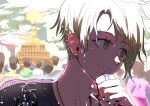  1boy amami_rantarou close-up closed_mouth commentary dangan_ronpa_(series) dangan_ronpa_v3:_killing_harmony ear_piercing earrings face green_eyes green_hair hand_on_own_chin highres jewelry kuangtai_(amami_ryoko) looking_to_the_side outdoors people piercing portrait ring shirt short_hair smile solo_focus statue striped striped_shirt water wet wet_hair 