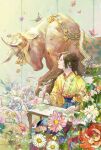  1girl aqua_flower black_hair bull chinese_zodiac flower highres holding holding_paintbrush horns micho nengajou new_year original paintbrush pink_flower red_flower sitting solo table white_flower year_of_the_ox yellow_flower 