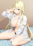 1girl absurdres barefoot black_panties blonde_hair blue_eyes breasts collared_shirt highres indoors large_breasts long_hair long_sleeves no_bra no_pants on_bed one_eye_closed open_clothes open_shirt original panties shirt sitting sleepy solo underwear very_long_hair white_shirt wing_collar yappe 