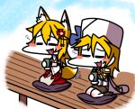  2girls animal_ears blonde_hair blush chibi classic7 closed_eyes fang fox_ears fox_girl fox_tail girls_frontline japanese_clothes kneeling long_hair multiple_girls nagant_revolver_(girls_frontline) senko_(sewayaki_kitsune_no_senko-san) sewayaki_kitsune_no_senko-san tail tea trait_connection 