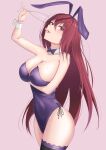  1girl absurdres animal_ears breasts cup drinking_glass fate/grand_order fate_(series) highres nmi playboy_bunny rabbit_ears red_eyes redhead scathach_(fate) scathach_(fate)_(all) simple_background thighs tongue tongue_out 