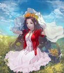  1girl :d absurdres aerith_gainsborough aqua_eyes arms_up basket blue_sky breasts brown_hair crop_top day dress field final_fantasy final_fantasy_vii flower flower_basket hair_intakes head_wreath highres jacket long_hair looking_at_viewer on_ground open_clothes open_jacket open_mouth outdoors peace_(kgrv5733) red_jacket short_sleeves sitting sky smile veil veil_lift white_dress 