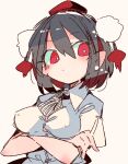  1girl beige_background breasts bright_pupils collared_shirt crossed_arms hair_between_eyes hat looking_at_viewer ma_sakasama medium_breasts pointy_ears pom_pom_(clothes) red_eyes red_headwear shameimaru_aya shirt short_hair short_sleeves simple_background solo tokin_hat touhou upper_body white_shirt 