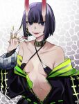  1girl absurdres alternate_costume bare_shoulders bob_cut breasts collar collarbone eyebrows_visible_through_hair fangs fate/grand_order fate_(series) highres horns medium_breasts navel off_shoulder oni oni_horns purple_hair san_(harutuki_3) short_eyebrows shuten_douji_(fate) solo thick_eyebrows violet_eyes 