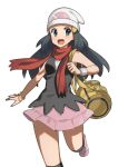  1girl :d absurdres bag black_eyes black_hair black_legwear black_shirt blush bracelet breasts hikari_(pokemon) hair_ornament hairclip hat highres jewelry kneehighs leg_up long_hair looking_at_viewer miniskirt open_mouth pink_footwear pink_skirt pokemon pokemon_(game) pokemon_dppt red_scarf running scarf shiny shiny_hair shirt simple_background skirt sleeveless sleeveless_shirt small_breasts smile solo very_long_hair white_background white_headwear yuihico 