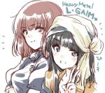  2girls bangs black_hair blunt_bangs blush breasts copyright_name fanneria_amu gaw_ha_leecee heavy_metal_l-gaim kuroi_mimei long_hair looking_at_viewer medium_breasts medium_hair multiple_girls redhead sketch smile upper_body v white_background 