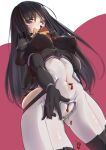  1girl alice_gear_aegis black_hair bodysuit breasts candy chocolate chocolate_heart covered_navel covered_nipples cowboy_shot food heart highres kagome_misaki keyfanjun long_hair looking_at_viewer looking_down medium_breasts mole mole_under_eye solo violet_eyes 