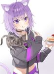  1girl :q animal animal_ear_fluff animal_ears bangs black_choker black_jacket cake cat cat_ears cat_tail choker eyebrows_visible_through_hair food fork gradient gradient_background highres holding holding_fork holding_plate hololive jacket long_sleeves navel nekomata_okayu omaru_(0marufestival) plate purple_background purple_hair short_hair solo suspenders tail tongue tongue_out violet_eyes virtual_youtuber 