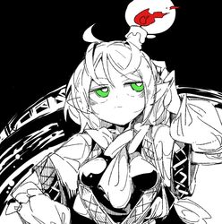  1girl ahoge black_background breasts bright_pupils candle fire flame hand_up hashihime jitome long_sleeves ma_sakasama medium_breasts mizuhashi_parsee pointy_ears short_hair solo touhou upper_body white_pupils 