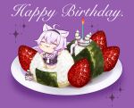  1girl :3 ahoge animal_ear_fluff animal_ears bangs black_shirt blush candle cat cat_ears cat_girl cat_tail chaki_(teasets) chibi closed_eyes closed_mouth commentary_request crop_top dish eyebrows_visible_through_hair food food_on_face fruit hair_between_eyes hairband happy_birthday highres hololive in_food minigirl nekomata_okayu nori_(seaweed) onigiri oversized_object purple_background purple_hair rice rice_on_face shirt silver_hair smile sparkle strawberry tail upside-down virtual_youtuber 