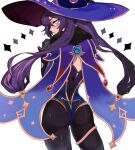  1girl aqua_eyes ass black_gloves closed_mouth cowboy_shot from_behind genshin_impact gloves hand_up hat highres long_hair looking_at_viewer mona_(genshin_impact) pantyhose purple_hair purple_headwear solo thighlet tsumugi_(mktmppp) twintails vision_(genshin_impact) witch_hat 