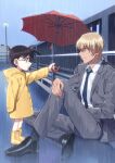  2boys amuro_tooru arm_at_side bangs black-framed_eyewear black_footwear black_neckwear blonde_hair blue_eyes boots brown_hair child closed_mouth collared_shirt commentary_request dripping edogawa_conan eye_contact formal from_side glasses grey_jacket grey_pants grey_suit hair_between_eyes hand_up height_difference holding holding_umbrella hood hood_down jacket k_(gear_labo) lamppost long_sleeves looking_at_another loose_necktie male_focus meitantei_conan multiple_boys necktie open_mouth outdoors pants railing rain raincoat red_umbrella road rubber_boots shirt shoes short_hair sitting sky standing street suit umbrella water_drop wet wet_hair white_shirt yellow_footwear yellow_raincoat 