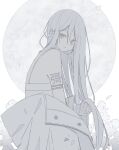  1girl expressionless eyebrows_hidden_by_hair grey_hair hair_between_eyes jacket long_hair looking_at_viewer midou_0r monochrome open_clothes open_jacket original pale_skin petals shirt solo straight_hair tattoo very_long_hair white_background white_hair white_jacket white_shirt 