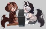  2girls :3 afterimage animal_ears bare_shoulders black_hair blue_eyes bow brown_eyes brown_gloves brown_hair brown_legwear brown_shirt computer dachshund_(kemono_friends)_(nyifu) dog_ears dog_girl dog_tail elbow_gloves eyebrows_visible_through_hair fang gloves grey_legwear hair_bow kemono_friends light_brown_hair multicolored multicolored_clothes multicolored_hair multicolored_legwear multiple_girls no_shoes nyifu open_mouth original pantyhose red_bow shirt short_hair sitting sleeveless squatting tail tail_wagging translation_request wariza white_gloves white_hair white_legwear white_shirt 