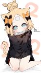  1girl abigail_williams_(fate) absurdres animal_ear_fluff animal_ears bangs bed_sheet black_bow black_jacket blonde_hair blue_eyes blush bow cat_day cat_ears commentary_request crossed_bandaids dated fate/grand_order fate_(series) feet_out_of_frame fish food_in_mouth hair_bow hair_bun heroic_spirit_traveling_outfit highres jacket kemonomimi_mode long_hair long_sleeves looking_at_viewer mouth_hold object_hug orange_bow parted_bangs signature simple_background sitting sleeves_past_fingers sleeves_past_wrists sofra solo stuffed_animal stuffed_toy teddy_bear twitter_username wariza white_background x_x 