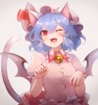  1girl 60mai ;3 ;d animal_ears back_bow bat_wings bell blue_hair blush bow breasts cat_ears cat_tail commentary_request dress eyebrows_visible_through_hair fang frilled_shirt_collar frills hair_between_eyes hat jingle_bell kemonomimi_mode looking_at_viewer mob_cap one_eye_closed open_mouth paw_pose paw_print pink_dress puffy_short_sleeves puffy_sleeves red_bow red_eyes remilia_scarlet short_hair short_sleeves simple_background small_breasts smile solo tail touhou upper_body v-shaped_eyebrows white_background wings 