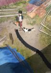  1boy anatomical_nonsense animal arizuka_(13033303) bangs black_hair brown_hair brown_shorts cat cat_day commentary day from_above grass highres male_focus multiple_legs original outdoors raglan_sleeves sandals shirt short_hair short_sleeves shorts twitter_username 