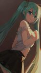  1girl aqua_eyes aqua_hair bare_shoulders black_skirt closed_mouth commentary cowboy_shot eyebrows_visible_through_hair from_below from_side grey_shirt hair_between_eyes hair_ornament hatsune_miku highres hiroki_(yyqw7151) long_hair looking_at_viewer looking_to_the_side midriff miniskirt pleated_skirt shirt sidelighting skirt sleeveless sleeveless_shirt smile solo twintails undressing very_long_hair vocaloid white_shirt 