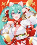  1girl animal_ears apron bell blue_eyes blue_hair bow cat_ears fang gold hair_bow hatsune_miku heterochromia highres japanese_clothes koban_(gold) long_hair long_sleeves masumofu neck_bell obi open_mouth paw_pose paw_print pink_eyes sash skin_fang smile solo twintails very_long_hair vocaloid 