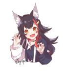  1girl :3 :d animal_ear_fluff animal_ears black_hair claw_pose hair_ornament hairclip highlights highres hololive hood hoodie long_hair looking_at_viewer multicolored_hair ookami_mio open_mouth orange_eyes redhead signature simple_background smile solo streaked_hair upper_body virtual_youtuber vyolfers white_background wolf_ears 