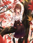  1girl absurdres autumn autumn_leaves black_footwear blurry blurry_background blurry_foreground blush boots breasts brown_eyes brown_hair collarbone day depth_of_field detached_sleeves eyebrows_visible_through_hair falling_leaves hair_ornament hairclip highres leaf leaf_hair_ornament long_hair long_skirt long_sleeves looking_at_viewer maple_leaf medium_breasts na_kyo o original outdoors pleated_skirt skirt smile solo standing tree very_long_hair 