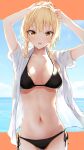  1girl :d absurdres arms_up bikini bikini_under_clothes black_bikini black_ribbon blonde_hair blue_sky blush breasts breasts_apart cowboy_shot day hair_bun highres horizon love_live! love_live!_nijigasaki_high_school_idol_club medium_breasts miyashita_ai navel ocean open_clothes open_mouth open_shirt ribbon shirt short_hair_with_long_locks short_sleeves side-tie_bikini sidelocks sky smile solo stomach swimsuit tanaka212 tying_hair white_shirt yellow_eyes 