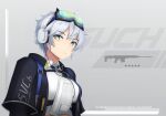  1girl black_jacket breasts character_name eyebrows_visible_through_hair eyewear_on_head girls_frontline headphones highres jacket looking_at_viewer medium_hair multicolored multicolored_eyes podel_1 russian_commentary russian_text shirt silver_hair simple_background solo svch_(girls_frontline) white_shirt 