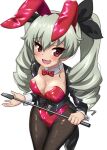  1girl :d anchovy_(girls_und_panzer) animal_ears bangs black_jacket black_ribbon bow bowtie collarbone commentary_request covered_navel detached_collar drill_hair excel_(shena) fake_animal_ears fishnet_legwear fishnets girls_und_panzer green_hair hair_ribbon hairband hands_up highres holding holding_whip jacket leotard long_hair long_sleeves looking_at_viewer open_mouth pantyhose playboy_bunny rabbit_ears red_bow red_eyes red_hairband red_leotard ribbon skin_tight smile solo sweatdrop twin_drills twintails wavy_mouth white_background wrist_cuffs 
