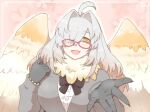  1girl ahoge black_bow blush bow breasts eyebrows_visible_through_hair feathered_wings feathers gg_ths_lah glasses hair_intakes hair_over_one_eye large_breasts open_mouth outstretched_hand pink_background red-framed_eyewear solo tokyo_houkago_summoners white_feathers white_hair wings yellow_eyes yellow_feathers ziz_(tokyo_houkago_summoners) 