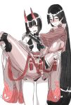  2girls bangs black_hair blush bob_cut breasts carrying chichizuki_(manman-ya) eyeliner fangs fate/grand_order fate_(series) horns large_breasts long_hair makeup minamoto_no_raikou_(fate) multiple_girls oni_horns parted_bangs princess_carry red_eyes shiny shiny_clothes short_hair shuten_douji_(fate) skin-covered_horns small_breasts sweatdrop very_long_hair 