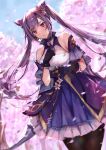  1girl absurdres bangs bare_shoulders black_legwear blue_sky blush breasts cherry_blossoms double_bun dress genshin_impact gloves hair_ornament highres hitomin_(ksws7544) huge_filesize keqing_(genshin_impact) long_hair looking_at_viewer medium_breasts pantyhose parted_lips purple_dress purple_gloves purple_hair sky swept_bangs twintails violet_eyes 