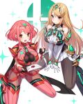  2girls absurdres bangs black_gloves black_legwear blonde_hair blush breasts chest_jewel dress earrings elbow_gloves fingerless_gloves gem gloves green322 headpiece highres jewelry large_breasts long_hair looking_at_viewer multiple_girls mythra_(xenoblade) open_mouth pantyhose pyra_(xenoblade) red_eyes red_legwear red_shorts redhead short_hair short_shorts shorts smash_invitation super_smash_bros. swept_bangs thigh-highs thigh_strap tiara very_long_hair white_dress white_gloves xenoblade_chronicles_(series) xenoblade_chronicles_2 yellow_eyes 