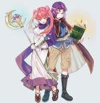  1boy 1girl absurdres angry belt book boots cloak cross-laced_footwear dress elbow_gloves erk_(fire_emblem) eye_contact fang fire_emblem fire_emblem:_the_blazing_blade full_body gloves grey_hair grimoire happy highres holding holding_staff lace-up_boots long_hair long_sleeves looking_at_another open_mouth pink_eyes pink_hair purple_hair sash scarf serra_(fire_emblem) short_hair shorts simple_background skin_fang sleeveless sleeveless_dress staff tokuhoncil twintails violet_eyes white_dress white_gloves 