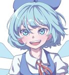  1girl absurdres bangs blue_bow blue_eyes bow cirno collared_shirt eyebrows_behind_hair hair_bow highres ice ice_wings kame_(kamepan44231) looking_at_viewer neck_ribbon open_mouth red_neckwear red_ribbon ribbon shirt short_hair simple_background smile solo touhou upper_body white_background white_shirt wings 