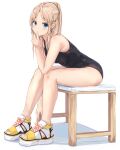  1girl absurdres bangs black_swimsuit blonde_hair blue_eyes blush from_side full_body hair_ornament hairclip highres long_hair looking_at_viewer na_kyo one-piece_swimsuit original parted_bangs platform_footwear ponytail sandals sidelocks sitting solo swimsuit white_background 