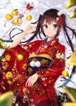  1girl arrow_(projectile) bangs black_sash blue_eyes blurry blurry_foreground blush breasts brown_hair closed_mouth colored_tips depth_of_field eyebrows_visible_through_hair floral_print flower food fruit hair_flower hair_ornament highres japanese_clothes kimono long_hair long_sleeves looking_at_viewer lying mandarin_orange na_kyo obi on_back original print_kimono red_flower red_kimono sash small_breasts smile snow solo twintails white_flower wide_sleeves 