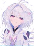  1girl ahoge bangs eyebrows_visible_through_hair fate/grand_order fate_(series) hair_between_eyes hair_intakes high_collar highres kurubusikoujoutyou looking_at_viewer merlin_(fate/prototype) petals pointy_ears red_eyes robe smile solo upper_body white_background white_hair white_robe 