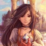  1girl black_hair brown_eyes castle choker final_fantasy final_fantasy_ix holding jewelry long_hair looking_at_viewer necklace signature sky smile 