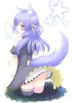 .live 1girl absurdres animal_ears commentary_request fingerless_gloves gloves hair_ornament highres kin0_0z long_hair looking_at_viewer looking_back orange_eyes purple_hair rurun_rururica simple_background star_(symbol) tail thigh-highs virtual_youtuber white_background wolf_ears wolf_tail 