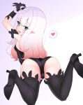  1girl absurdres anne_(bravely_second) antenna_hair ass bare_shoulders black_footwear black_gloves black_legwear black_leotard blue_eyes boots bravely_default_(series) bravely_second:_end_layer breasts commission commissioner_upload fairy from_behind gloves hands_together heart high_heels highres legs legs_up leotard long_hair looking_at_viewer looking_back lying no_wings on_stomach open_mouth pixiv_request pointy_ears sideboob small_breasts smile solo spoken_heart strapless strapless_leotard thigh-highs thigh_boots thighs tight trefoil white_hair zangi_(lkt2012) 