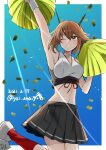  1girl ;) absurdres adapted_costume arm_up black_skirt breasts brown_eyes brown_hair cheerleader dated headgear highres kantai_collection large_breasts leg_up midriff mutsu_(kancolle) navel one_eye_closed pleated_skirt pom_pom_(clothes) remodel_(kantai_collection) short_hair skirt smile solo toriniku_senshi_chikinman twitter_username 