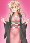  1girl anti_(untea9) bit_gag black_ribbon blonde_hair cosplay cowboy_shot eyebrows_visible_through_hair gag hair_ribbon haori highres japanese_clothes kamado_nezuko kamado_nezuko_(cosplay) kantai_collection kimetsu_no_yaiba kimono long_hair looking_at_viewer mouth_hold obi pink_kimono purple_background red_eyes remodel_(kantai_collection) ribbon sash simple_background solo yuudachi_(kancolle) 