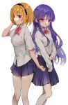  2girls bangs black_hairband blonde_hair blue_hair blue_skirt blunt_bangs bob_cut commentary copyright_name dress_shirt eyebrows_visible_through_hair feet_out_of_frame furude_rika hair_between_eyes hairband hana_(h6n6_matsu) hand_on_own_arm highres higurashi_no_naku_koro_ni hime_cut houjou_satoko long_hair long_sleeves looking_to_the_side multiple_girls parted_lips pink_neckwear pleated_skirt red_eyes school_uniform shirt short_hair short_sleeves simple_background skirt standing violet_eyes white_background white_shirt 