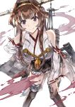  1girl absurdres ahoge bare_shoulders boots breasts brown_hair detached_sleeves double_bun hakama_skirt headgear highres kantai_collection kongou_(kancolle) large_breasts long_hair looking_at_viewer nontraditional_miko remodel_(kantai_collection) simple_background smile solo taki_rentaro thigh-highs thigh_boots violet_eyes white_background 