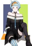  1girl absurdres alternate_costume arms_behind_back bare_shoulders black_legwear blue_hair blush boots breasts closed_mouth collarbone eyewear_on_head girls_frontline highres jewelry knee_up looking_at_viewer orange_eyes saiun_sigma short_hair simple_background single_earring sitting sitting_on_floor small_breasts solo striped striped_legwear thigh-highs zas_m21_(girls_frontline) 