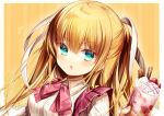  1girl bangs blonde_hair blue_eyes chestnut_mouth chi_no collared_shirt eyebrows_visible_through_hair hair_between_eyes hair_ribbon holding little_busters!! long_hair looking_at_viewer open_mouth pink_neckwear ribbon shiny shiny_hair shirt solo striped striped_background tokido_saya twintails upper_body white_background white_ribbon white_shirt wing_collar yellow_background 