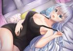  1girl absurdres aqua_eyes bed bed_sheet black_undershirt blonde_hair blush breasts grey_hair heart highres large_breasts looking_at_viewer lying moe2021 navel on_back open_mouth original pillow shirt shirt_pull short_hair smile solo thighs tyamiy1017 underwear white_hair window 