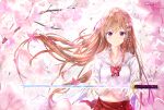  1girl absurdres bangs blush bow braid brown_hair cherry_blossoms collarbone eyebrows_visible_through_hair flower hair_bow hair_flower hair_ornament highres holding holding_sword holding_weapon katana long_hair looking_at_viewer midriff_peek na_kyo navel original pink_flower pleated_skirt red_bow red_skirt school_uniform shirt side_braid skirt solo sword very_long_hair violet_eyes water_drop weapon white_bow white_shirt 